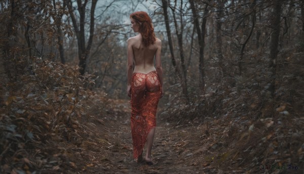 1girl,solo,long hair,brown hair,standing,full body,ass,braid,outdoors,barefoot,looking back,from behind,tree,back,topless,nature,scenery,forest,walking,realistic,arms at sides,bare back,looking at viewer,dress,bare shoulders,red hair,signature,blurry,tattoo,leaf,red dress,curly hair,backless dress,median furrow,dirty feet