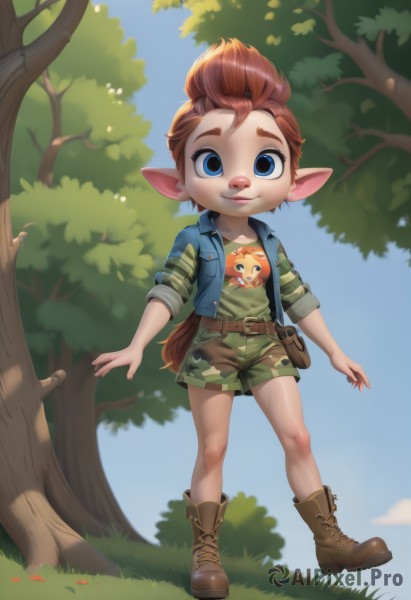 1girl,solo,looking at viewer,smile,short hair,blue eyes,brown hair,shirt,1boy,jacket,tail,full body,male focus,boots,outdoors,sky,shorts,day,pointy ears,belt,tree,grass,child,nature,furry,pouch,camouflage,long hair,closed mouth,standing,collarbone,flower,open clothes,open jacket,blue sky,lips,short shorts,brown footwear,thick eyebrows,blue jacket,buckle,sleeves rolled up,cross-laced footwear,striped shirt,nose,ankle boots,brown belt,bush,belt pouch,green shorts