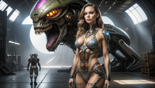 HQ,1girl,long hair,breasts,looking at viewer,blue eyes,large breasts,brown hair,cleavage,medium breasts,standing,teeth,solo focus,indoors,armor,lips,bodysuit,robot,sharp teeth,mecha,science fiction,monster,realistic,cable,cyborg,alien,power armor,open mouth,1boy