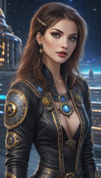 1girl,solo,long hair,breasts,looking at viewer,brown hair,hair ornament,long sleeves,cleavage,brown eyes,jewelry,medium breasts,jacket,upper body,earrings,outdoors,parted lips,open clothes,sky,hairclip,belt,artist name,necklace,blurry,lips,bodysuit,makeup,night,blurry background,lipstick,gem,star (sky),night sky,starry sky,realistic,nose,red lips,freckles,center opening