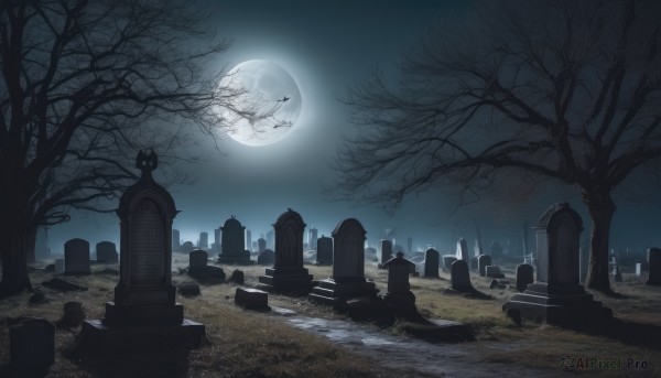 outdoors,sky,tree,no humans,night,moon,grass,cross,night sky,scenery,full moon,bare tree,statue,moonlight,tombstone,graveyard,grave,monochrome,dark