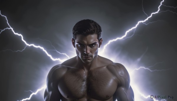 solo,looking at viewer,short hair,black hair,1boy,closed mouth,nipples,upper body,male focus,nude,dark skin,muscular,facial hair,abs,dark-skinned male,pectorals,muscular male,bara,large pectorals,veins,topless male,realistic,manly,chest hair,lightning,very dark skin,electricity