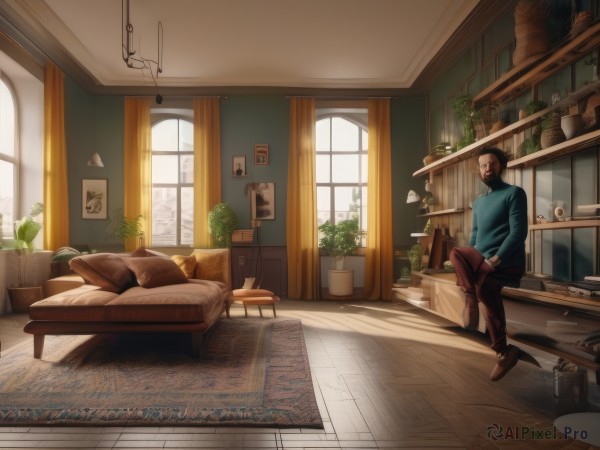 solo,brown hair,long sleeves,1boy,sitting,male focus,day,pants,indoors,sweater,cup,pillow,book,window,bed,facial hair,chair,table,sunlight,plant,curtains,box,scenery,couch,beard,wooden floor,potted plant,lamp,bedroom,brown pants,stool,shelf,carpet,rug,cabinet,black hair,boots