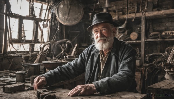 solo,shirt,long sleeves,1boy,hat,sitting,jacket,upper body,male focus,necktie,collared shirt,indoors,coat,black jacket,black headwear,facial hair,table,black necktie,beard,smoke,cigarette,realistic,mustache,smoking,clock,old,old man,looking at viewer,closed mouth,white hair,window,chair,wrinkled skin