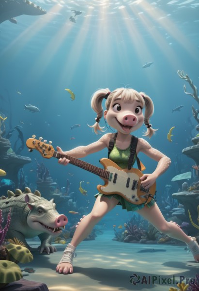 1girl,solo,smile,open mouth,skirt,blonde hair,hair ornament,holding,twintails,swimsuit,barefoot,teeth,black eyes,tattoo,ocean,animal,bandages,sandals,sunlight,short twintails,instrument,child,fish,bubble,light rays,underwater,music,guitar,female child,air bubble,playing instrument,holding instrument,shell,starfish,swimming,turtle,coral,seaweed,brown hair,jewelry,pleated skirt,water,nail polish,piercing,tank top,hair bobbles,toenails,toenail polish,pig,shark,dolphin,ankle wrap