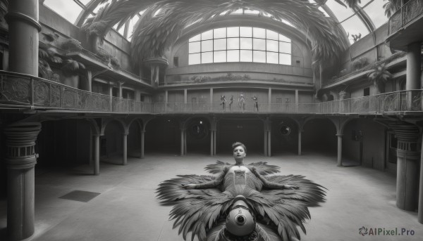 solo,looking at viewer,1boy,monochrome,greyscale,male focus,indoors,no humans,window,feathers,plant,third eye,scenery,stairs,architecture,pillar,statue,column,1girl,skull