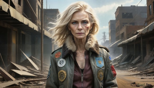 HQ,1girl,solo,long hair,breasts,looking at viewer,blue eyes,blonde hair,cleavage,jewelry,closed mouth,collarbone,jacket,upper body,earrings,outdoors,open clothes,sky,day,cloud,open jacket,lips,fur trim,blood,scar,ground vehicle,wind,building,scar on face,zipper,injury,hoop earrings,city,realistic,nose,emblem,unzipped,road,ruins,badge,dirty,leather jacket,cuts,bomber jacket,dirty face,dust,patch,shirt,long sleeves,medium breasts,necklace,blue sky,black jacket,window,makeup,floating hair,watermark,expressionless,lipstick,forehead,eyeshadow,backlighting,fur collar,serious,fur-trimmed jacket,eyeliner,leather,dog tags,mascara,debris,button badge,scratches