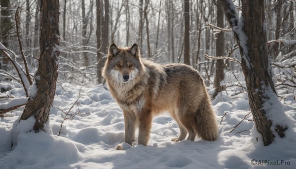 outdoors, day, tree, no humans, animal, nature, snow, forest, dog, snowing, realistic, animal focus, winter, bare tree