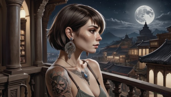 1girl,solo,breasts,short hair,brown hair,black hair,cleavage,bare shoulders,brown eyes,jewelry,medium breasts,collarbone,upper body,earrings,outdoors,parted lips,sky,cloud,necklace,lips,tattoo,profile,makeup,night,moon,building,star (sky),night sky,full moon,starry sky,freckles,realistic,nose,railing,arm tattoo,architecture,shoulder tattoo,east asian architecture,bangs,from side,cloudy sky,gem,moonlight,balcony