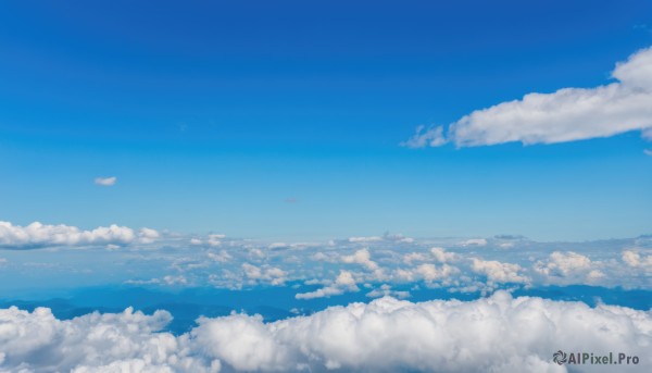 outdoors,sky,day,cloud,blue sky,no humans,bird,ocean,cloudy sky,scenery,blue theme,horizon,landscape,above clouds,monochrome,water