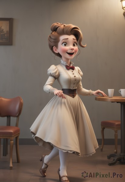 1girl,solo,blush,smile,open mouth,brown hair,long sleeves,dress,bow,brown eyes,standing,full body,:d,pantyhose,frills,shoes,teeth,puffy sleeves,indoors,bowtie,hair bun,black footwear,red bow,high heels,cup,makeup,chair,brown footwear,table,single hair bun,standing on one leg,juliet sleeves,red bowtie,child,white pantyhose,teacup,breasts,artist name,white dress,watermark,wide-eyed,mug,red lips,lamp,brown dress,yellow dress,coffee mug,painting (object)