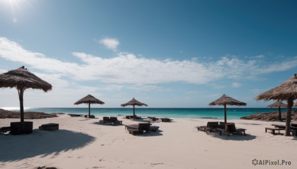 outdoors,sky,day,cloud,water,tree,blue sky,no humans,shadow,ocean,umbrella,chair,beach,table,sunlight,scenery,sand,sun,horizon,shade,summer,beach umbrella,shore,lounge chair,beach chair,ground vehicle,motor vehicle,palm tree