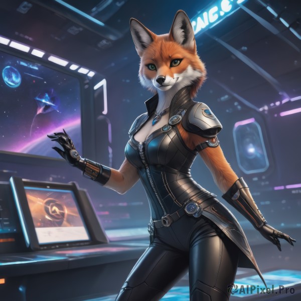 1girl,solo,breasts,looking at viewer,smile,gloves,animal ears,cleavage,jewelry,medium breasts,green eyes,standing,cowboy shot,black gloves,belt,pants,indoors,hand up,necklace,armor,fox ears,bodysuit,black pants,shoulder armor,furry,zipper,colored sclera,science fiction,contrapposto,furry female,space,body fur,monitor,planet,snout,spacecraft,orange fur,holographic interface,blue eyes,large breasts,tail,artist name,claws,realistic,black bodysuit,leather,white fur,leather pants