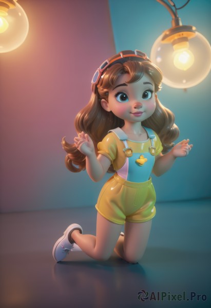 1girl,solo,long hair,smile,blue eyes,brown hair,shirt,brown eyes,full body,short sleeves,shoes,shorts,socks,indoors,flat chest,lips,hands up,loli,kneeling,white footwear,suspenders,goggles,sneakers,child,goggles on head,yellow shirt,female child,overalls,light bulb,overall shorts,looking at viewer,reflection,light,lamp,yellow shorts