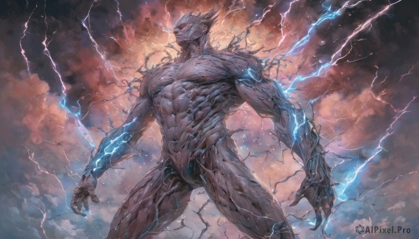 solo,red eyes,1boy,standing,male focus,sky,teeth,cloud,no humans,muscular,glowing,colored skin,abs,cloudy sky,sharp teeth,muscular male,glowing eyes,claws,veins,monster,electricity,lightning,alien,nude,pectorals