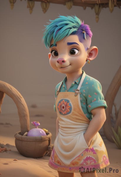 1girl,solo,smile,short hair,shirt,1boy,animal ears,brown eyes,jewelry,closed mouth,blue hair,standing,tail,purple hair,short sleeves,male focus,multicolored hair,earrings,outdoors,green hair,day,collared shirt,blurry,looking at another,black eyes,apron,two-tone hair,tree,blurry background,bird,floral print,blue shirt,child,furry,personification,freckles,brown background,hand in pocket,hands in pockets,furry female,basket,female child,male child,deer ears,buck teeth,hawaiian shirt,simple background,flower,rock,sand,desert,eggplant