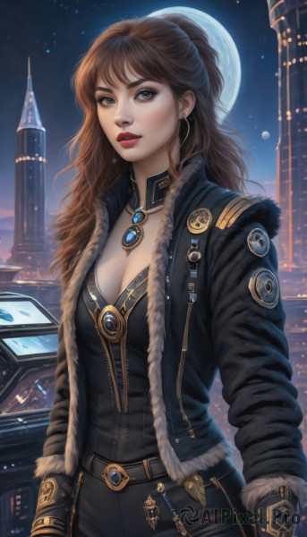 1girl,solo,long hair,breasts,looking at viewer,bangs,blue eyes,brown hair,gloves,long sleeves,cleavage,brown eyes,jewelry,medium breasts,jacket,cowboy shot,earrings,outdoors,open clothes,sky,black gloves,belt,pants,necklace,open jacket,lips,black jacket,grey eyes,fur trim,makeup,night,black pants,moon,lipstick,brooch,building,gem,star (sky),night sky,full moon,zipper,starry sky,science fiction,realistic,nose,red lips,leather,parted lips,city,tower