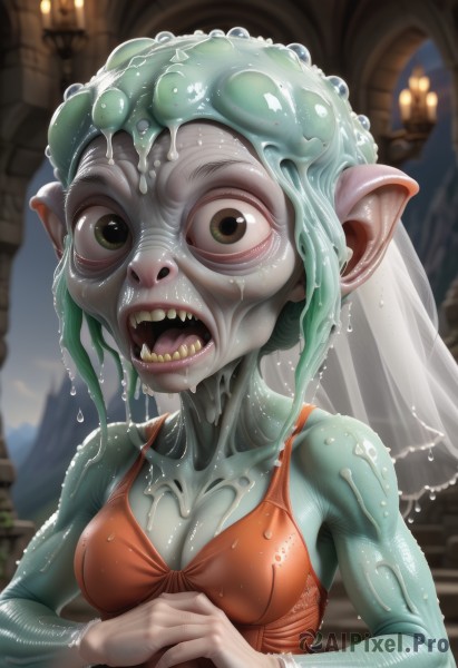 1girl,solo,breasts,looking at viewer,open mouth,dress,cleavage,brown eyes,medium breasts,green eyes,collarbone,upper body,green hair,teeth,pointy ears,blurry,wet,blurry background,colored skin,fangs,own hands together,sharp teeth,monster girl,wet clothes,veil,tentacle hair,candle,green skin,slime (substance),church,small breasts,shiny,artist name,indoors,lips,see-through,sleeveless dress,watermark,web address,realistic,nose,orange dress,horror (theme)