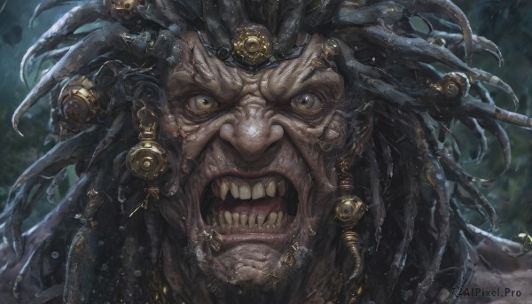 solo,looking at viewer,open mouth,black hair,1boy,brown eyes,male focus,teeth,blurry,blurry background,portrait,monster,old,old man,jewelry,yellow eyes,earrings,tongue,dark skin,facial hair,fangs,piercing,dark-skinned male,close-up,realistic