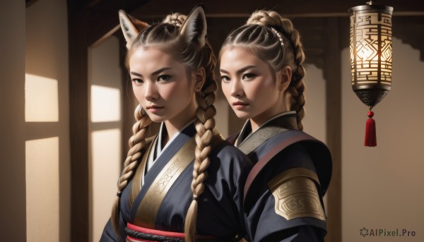 long hair,looking at viewer,multiple girls,brown hair,black hair,hair ornament,2girls,animal ears,brown eyes,closed mouth,upper body,braid,multicolored hair,japanese clothes,indoors,kimono,black eyes,twin braids,lips,sash,siblings,obi,sisters,tassel,twins,lantern,paper lantern,multiple braids,twintails,parted lips,cat ears,hair bun,animal ear fluff,single hair bun,wolf ears,hair over shoulder,extra ears,forehead,realistic