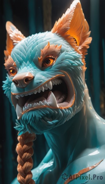 solo,long hair,looking at viewer,smile,open mouth,animal ears,braid,teeth,artist name,blurry,orange eyes,no humans,single braid,mask,blurry background,animal,fangs,sharp teeth,portrait,colored sclera,animal focus,orange fur,brown hair,collarbone,tongue,signature,facial hair,scar,sunlight,braided ponytail,light rays,realistic,scar across eye