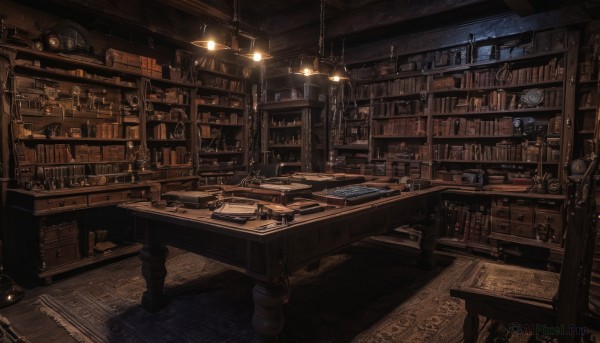 indoors,cup,book,no humans,chair,table,bottle,scenery,wooden floor,stairs,clock,bookshelf,lamp,dark,stool,shelf,library,ceiling,ladder,carpet,globe,telescope,loaded interior,window,desk,candle,book stack,candlestand,rug,cabinet