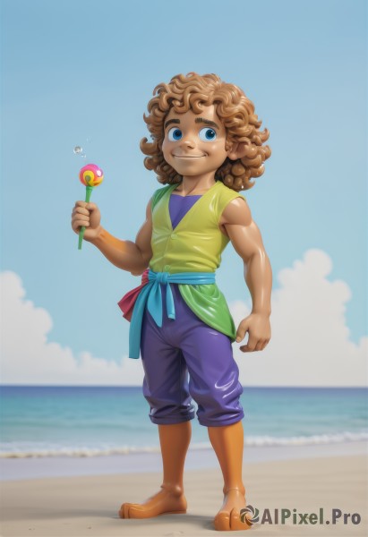 solo,looking at viewer,smile,blue eyes,brown hair,1boy,holding,standing,full body,flower,male focus,outdoors,sky,barefoot,sleeveless,day,pants,cloud,dark skin,water,blue sky,ocean,beach,dark-skinned male,curly hair,sand,holding flower,shirt,artist name,vest,muscular,lollipop