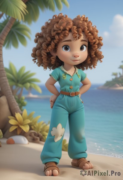 1girl,solo,long hair,looking at viewer,smile,brown hair,shirt,brown eyes,closed mouth,standing,full body,flower,short sleeves,outdoors,sky,day,belt,pants,artist name,cloud,signature,dark skin,water,blurry,flat chest,dark-skinned female,tree,blue sky,toes,buttons,depth of field,blurry background,ocean,beach,arms behind back,sandals,thick eyebrows,blue shirt,child,freckles,curly hair,hands on hips,green shirt,sand,palm tree,horizon,female child,brown belt,overalls,blush,lips,watermark,brown footwear,rock,coconut