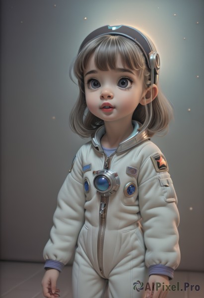 1girl,solo,looking at viewer,short hair,bangs,blue eyes,brown hair,long sleeves,standing,cowboy shot,hairband,parted lips,teeth,artist name,medium hair,star (symbol),black eyes,lips,grey eyes,child,zipper,realistic,female child,jumpsuit,spacesuit,astronaut,open mouth,jacket,eyelashes,bodysuit,wide-eyed,nose,arms at sides,red lips