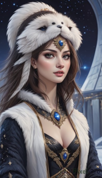 1girl,solo,long hair,breasts,looking at viewer,brown hair,cleavage,brown eyes,jewelry,medium breasts,upper body,earrings,parted lips,sky,teeth,artist name,signature,necklace,lips,fur trim,eyelashes,makeup,night,feathers,gem,star (sky),night sky,starry sky,realistic,nose,red lips,fur,pelt,hat,dress,small breasts,star (symbol),watermark,lipstick,web address,pillar,feather trim