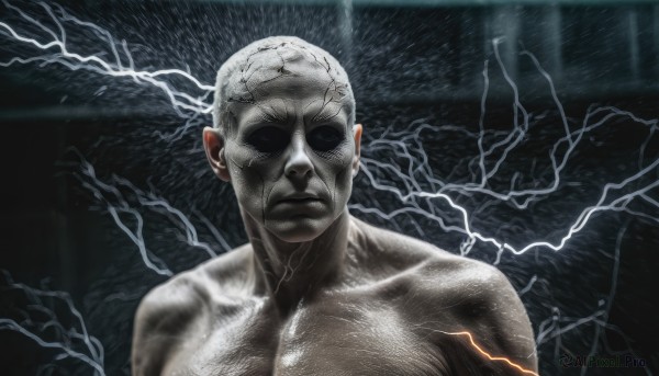 solo,looking at viewer,1boy,closed mouth,upper body,male focus,black eyes,muscular,veins,light rays,realistic,bald,no pupils,lightning,collarbone,nude,shaded face,facing viewer,topless male,electricity,grey skin,no eyes