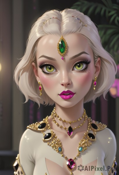 1girl,solo,breasts,looking at viewer,blush,smile,short hair,blonde hair,hair ornament,cleavage,jewelry,medium breasts,closed mouth,green eyes,collarbone,upper body,earrings,artist name,indoors,necklace,blurry,lips,clothing cutout,eyelashes,makeup,blurry background,lipstick,gem,forehead,armlet,pendant,eyeshadow,freckles,circlet,nose,red lips,eyeliner,purple lips,gold,mascara,green gemstone,yellow eyes,parted lips