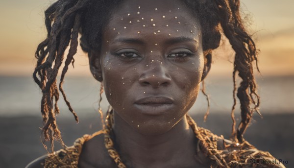 1girl,solo,looking at viewer,black hair,twintails,brown eyes,jewelry,closed mouth,outdoors,parted lips,sky,dark skin,necklace,blurry,black eyes,dark-skinned female,lips,depth of field,blurry background,portrait,forehead,freckles,realistic,straight-on,very dark skin,dreadlocks,long hair,1boy,male focus,earrings,close-up,gold chain