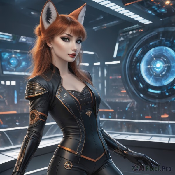 1girl,solo,long hair,breasts,looking at viewer,bangs,brown hair,gloves,animal ears,cleavage,brown eyes,medium breasts,standing,cowboy shot,parted lips,black gloves,artist name,orange hair,mole,lips,fox ears,bodysuit,makeup,fox girl,freckles,science fiction,black bodysuit,red lips,jewelry,green eyes,jacket,red hair,earrings,open clothes,pants,black pants,lipstick,extra ears,realistic,leather,leather pants