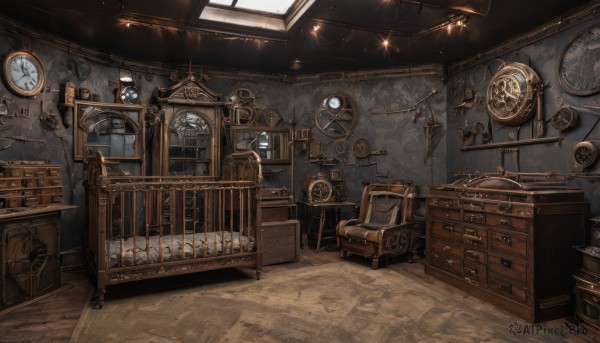 indoors,book,no humans,window,chair,table,scenery,wooden floor,stairs,door,clock,bookshelf,lamp,shelf,gears,carpet,drawer,barrel,cabinet,chandelier,treasure chest,steampunk,crate,analog clock,weapon,day,sword,sunlight,box,fantasy,railing,wall,ceiling,candlestand