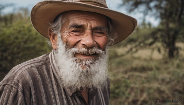 solo,smile,shirt,1boy,hat,closed mouth,closed eyes,upper body,white hair,grey hair,male focus,outdoors,day,striped,collared shirt,blurry,tree,blurry background,facial hair,thick eyebrows,nature,facing viewer,grey shirt,beard,striped shirt,mature male,realistic,mustache,brown headwear,manly,old,old man,vertical-striped shirt,looking at viewer,necktie,depth of field,portrait,black necktie,vertical stripes,pinstripe pattern