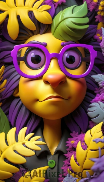 solo,looking at viewer,shirt,1boy,purple eyes,upper body,purple hair,flower,glasses,collared shirt,artist name,black shirt,pokemon (creature),no humans,colored skin,leaf,portrait,yellow flower,purple flower,yellow skin,purple-framed eyewear,1girl,smile,male focus,lips,watermark,plant,web address,leaf on head