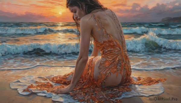 1girl,solo,long hair,breasts,black hair,dress,bare shoulders,jewelry,sitting,closed eyes,ass,outdoors,sky,cloud,water,from behind,lips,wet,bare arms,ocean,arm support,back,beach,cloudy sky,sunset,backless outfit,realistic,nose,sand,yokozuwari,horizon,bare back,backless dress,on ground,waves,orange dress,orange sky,orange theme,earrings,sleeveless,sleeveless dress