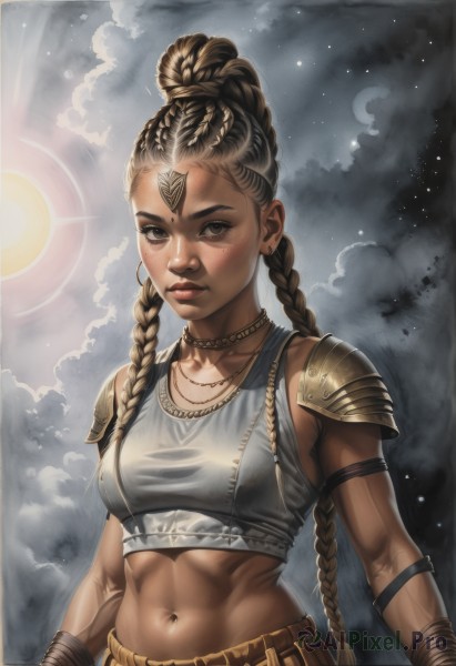 1girl,solo,long hair,breasts,looking at viewer,brown hair,navel,brown eyes,jewelry,medium breasts,very long hair,upper body,braid,earrings,small breasts,sky,sleeveless,midriff,belt,artist name,cloud,dark skin,necklace,armor,twin braids,bracelet,dark-skinned female,lips,crop top,grey eyes,muscular,facial mark,abs,tank top,shoulder armor,armlet,freckles,toned,pauldrons,forehead mark,realistic,nose,sun,hair pulled back,long braid,shirt,black hair,stomach,night,piercing,moon,smoke,crescent moon,dreadlocks,thick lips