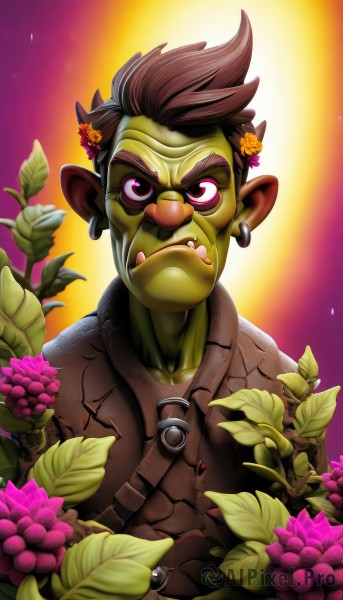 solo,looking at viewer,brown hair,hair ornament,1boy,jewelry,closed mouth,upper body,flower,male focus,earrings,pointy ears,pink eyes,colored skin,leaf,fangs,thick eyebrows,green skin,mohawk,orc,tusks,hair flower