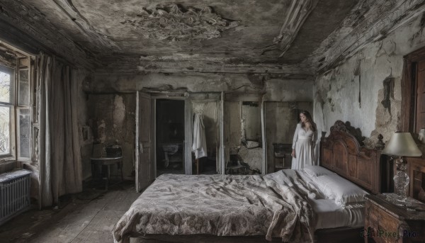 1girl,solo,long hair,looking at viewer,bangs,brown hair,black hair,long sleeves,dress,standing,indoors,white dress,pillow,window,bed,on bed,chair,stuffed toy,table,sunlight,stuffed animal,curtains,scenery,teddy bear,door,lamp,bedroom,ruins,wide shot,nightgown,hospital bed,canopy bed,wooden floor,wall,painting (object),carpet,cabinet