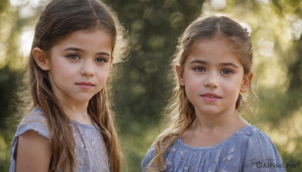 long hair,looking at viewer,smile,blue eyes,multiple girls,blonde hair,brown hair,shirt,black hair,dress,2girls,brown eyes,closed mouth,upper body,short sleeves,parted lips,mole,blurry,black eyes,lips,grey eyes,depth of field,blurry background,blue dress,siblings,sisters,child,curly hair,realistic,nose,bangs,hair ornament,outdoors,teeth,day,sunlight,blue shirt,bokeh