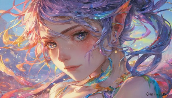 1girl,solo,long hair,looking at viewer,blush,smile,bangs,blue eyes,bare shoulders,jewelry,closed mouth,purple hair,earrings,outdoors,sky,day,pointy ears,cloud,blue sky,lips,eyelashes,floating hair,elf,wind,portrait,close-up,blue hair,multicolored hair,gradient hair,piercing,ear piercing,freckles,nose