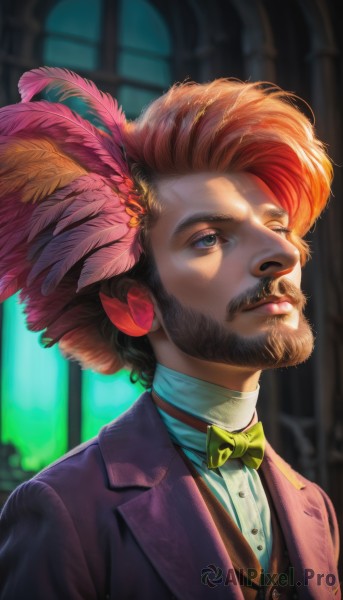 solo,blue eyes,brown hair,shirt,hair ornament,1boy,bow,closed mouth,green eyes,jacket,white shirt,upper body,male focus,one eye closed,collared shirt,artist name,indoors,bowtie,blurry,vest,lips,blurry background,facial hair,formal,thick eyebrows,suit,feathers,beard,green bow,realistic,nose,mustache,feather hair ornament,traditional bowtie,green bowtie,red hair,looking up,portrait,curly hair,goatee