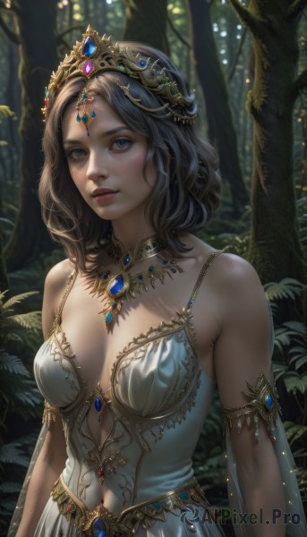 1girl,solo,long hair,breasts,looking at viewer,short hair,blue eyes,brown hair,black hair,hair ornament,dress,cleavage,bare shoulders,jewelry,medium breasts,collarbone,upper body,outdoors,parted lips,detached sleeves,sleeveless,artist name,medium hair,necklace,white dress,blurry,tree,lips,see-through,grey eyes,blurry background,watermark,tiara,plant,gem,nature,breasts apart,web address,armlet,forest,freckles,circlet,realistic,nose,arms at sides,blush,closed mouth,cape,sleeveless dress,leaf,expressionless