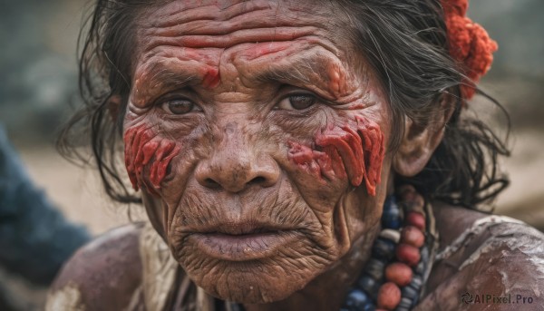 1girl,solo,looking at viewer,black hair,hair ornament,1boy,brown eyes,jewelry,closed mouth,flower,male focus,hair flower,necklace,blurry,blood,depth of field,blurry background,facial hair,portrait,beads,blood on face,realistic,old,old man,old woman,wrinkled skin,smile,outdoors,teeth,scar,close-up,manly