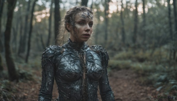 1girl,solo,long hair,breasts,short hair,blue eyes,blonde hair,jewelry,medium breasts,upper body,braid,outdoors,parted lips,armor,blurry,lips,looking to the side,grey eyes,bodysuit,depth of field,blurry background,looking away,nature,forest,breastplate,realistic,looking at viewer,closed mouth,shoulder armor