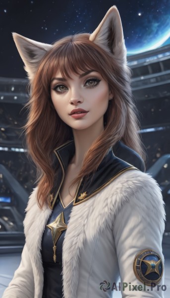 1girl,solo,long hair,breasts,looking at viewer,smile,bangs,brown hair,shirt,long sleeves,animal ears,brown eyes,jewelry,medium breasts,jacket,upper body,open clothes,sky,necklace,blurry,lips,coat,fur trim,black shirt,fox ears,makeup,night,blurry background,moon,white jacket,star (sky),night sky,realistic,nose,white coat,red lips,space,planet,earrings,outdoors,parted lips,artist name,signature,star (symbol),eyelashes,wolf ears,blue shirt,lipstick,starry sky