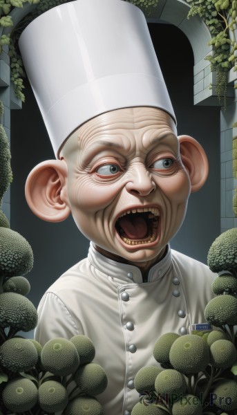 solo,open mouth,1boy,hat,upper body,male focus,teeth,grey eyes,buttons,white headwear,plant,realistic,bald,old,old man,chef hat,chef,food,leaf,mushroom,horror (theme),uvula