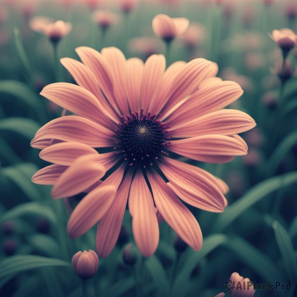 flower,outdoors,signature,blurry,no humans,depth of field,blurry background,leaf,grass,plant,red flower,pink flower,yellow flower,purple flower,orange flower,still life,tulip,day,artist name,sunlight,nature,scenery